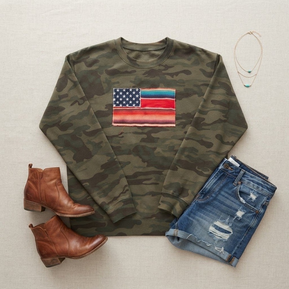 Sweatshirt XL Camo Serape American Flag Patch Western USA